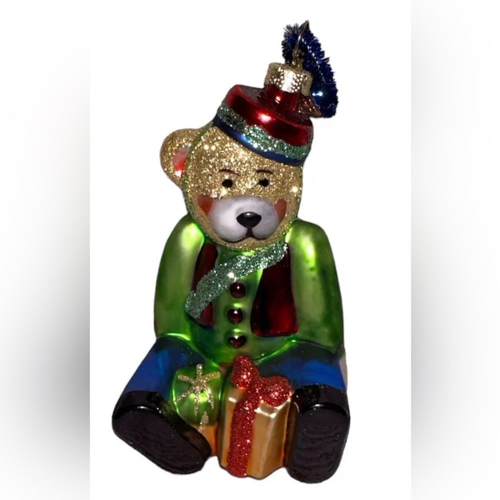 Vintage Christmas‎ Hand Blown Glass Sitting Teddy Bear Presents Tree Ornament